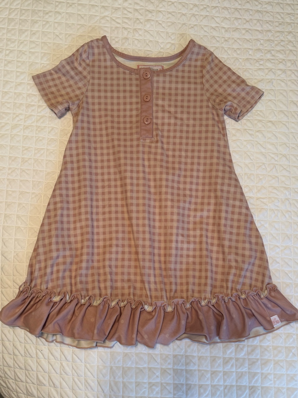SweetHoney Mauve Plaid Girls Nightgown with Polka Dot Ruffle Hem